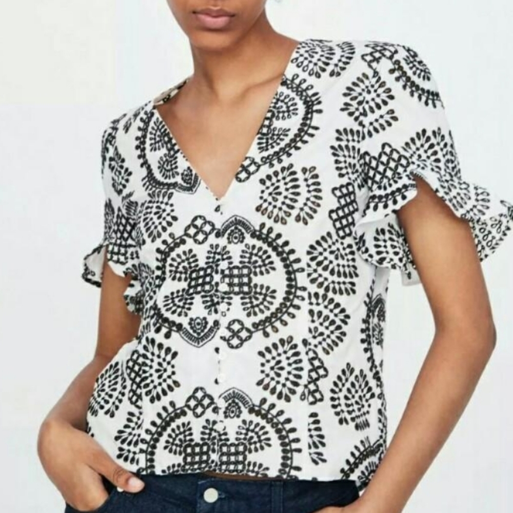 Zara Embroidered Ruffle Sleeve Top